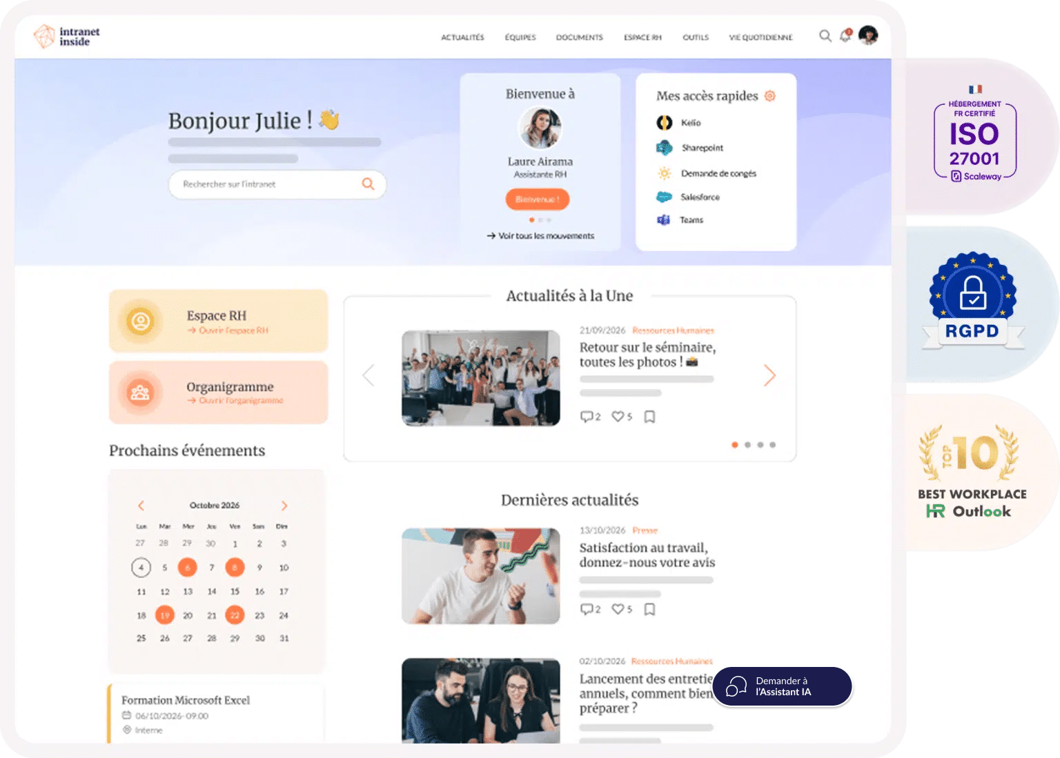 Présentation de la home de la solution Intranet Inside avec assistant IA, hébergement ISO 27001, RGPD compliant et Top 10 best digital workplace
